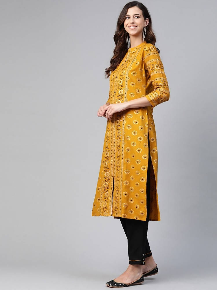 Yufta Women Mustard Yellow & Black Ethnic Motifs Printed Pure Cotton Kurta with Trouser