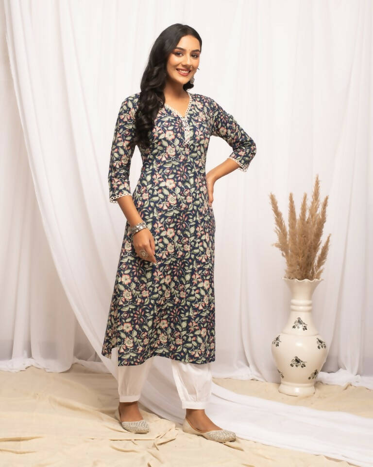FIORRA Women's Floral Printed Blue Cotton Straight Kurta - Distacart