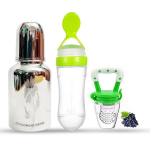 Goodmunchkins Stainless Steel Feeding Bottle, Food Feeder & Fruit Feeder Combo for Baby (Green-Green, 220ml) - Distacart