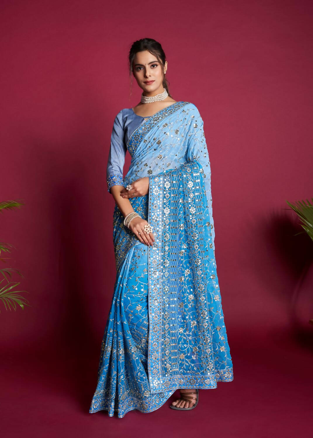 Vamsee Blue & White Georgette Designer Saree - Distacart