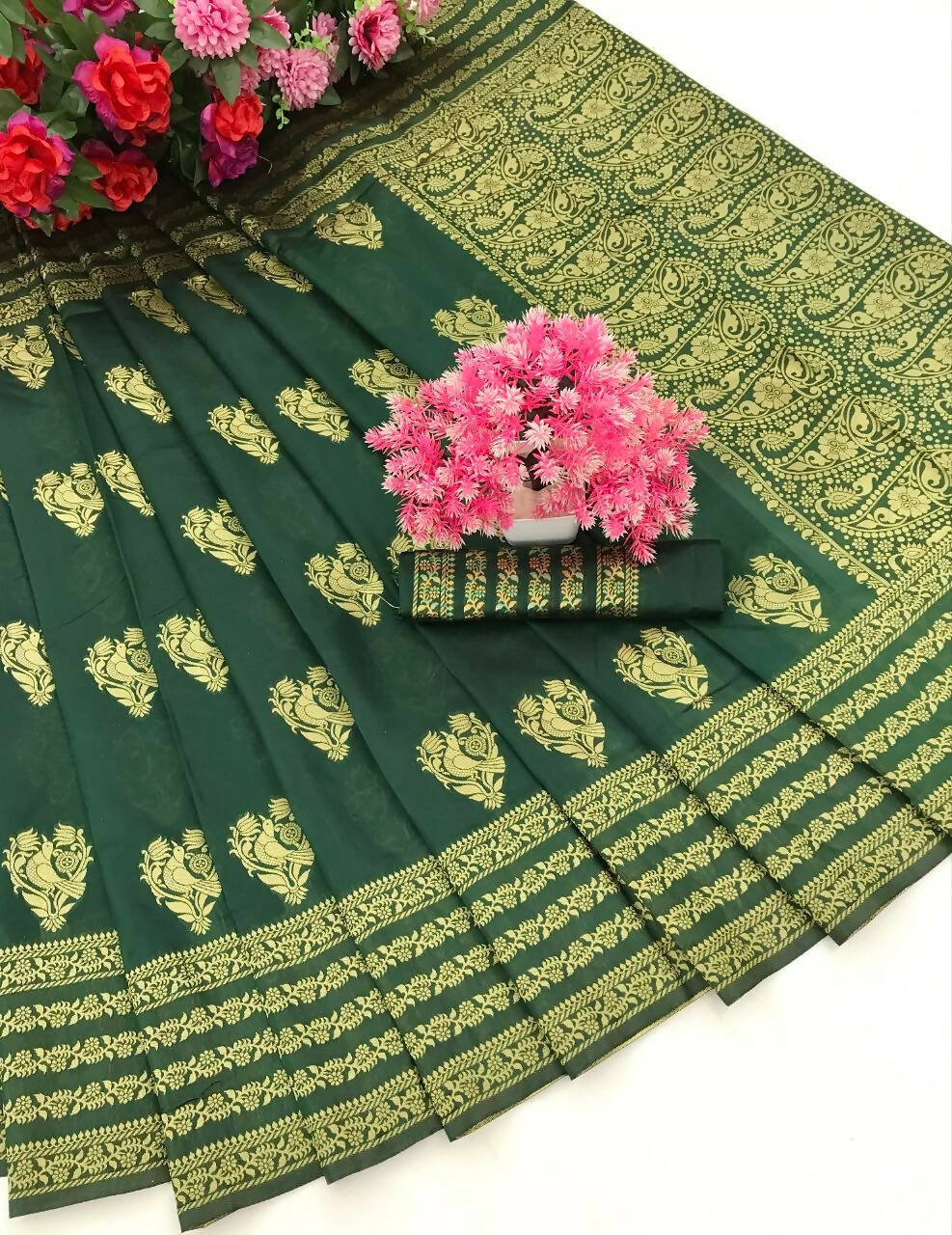 DEIANA'S Beautiful Golden Jari with New Design Soft Lichi Silk Saree - Green - Distacart