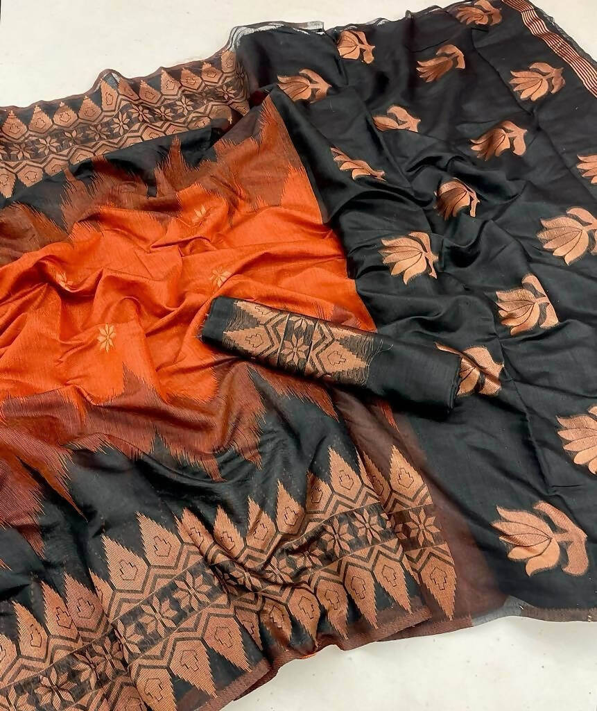 DEIANA'S Beautiful Golden Jari with New Design Soft Lichi Silk Saree - Orange - Distacart