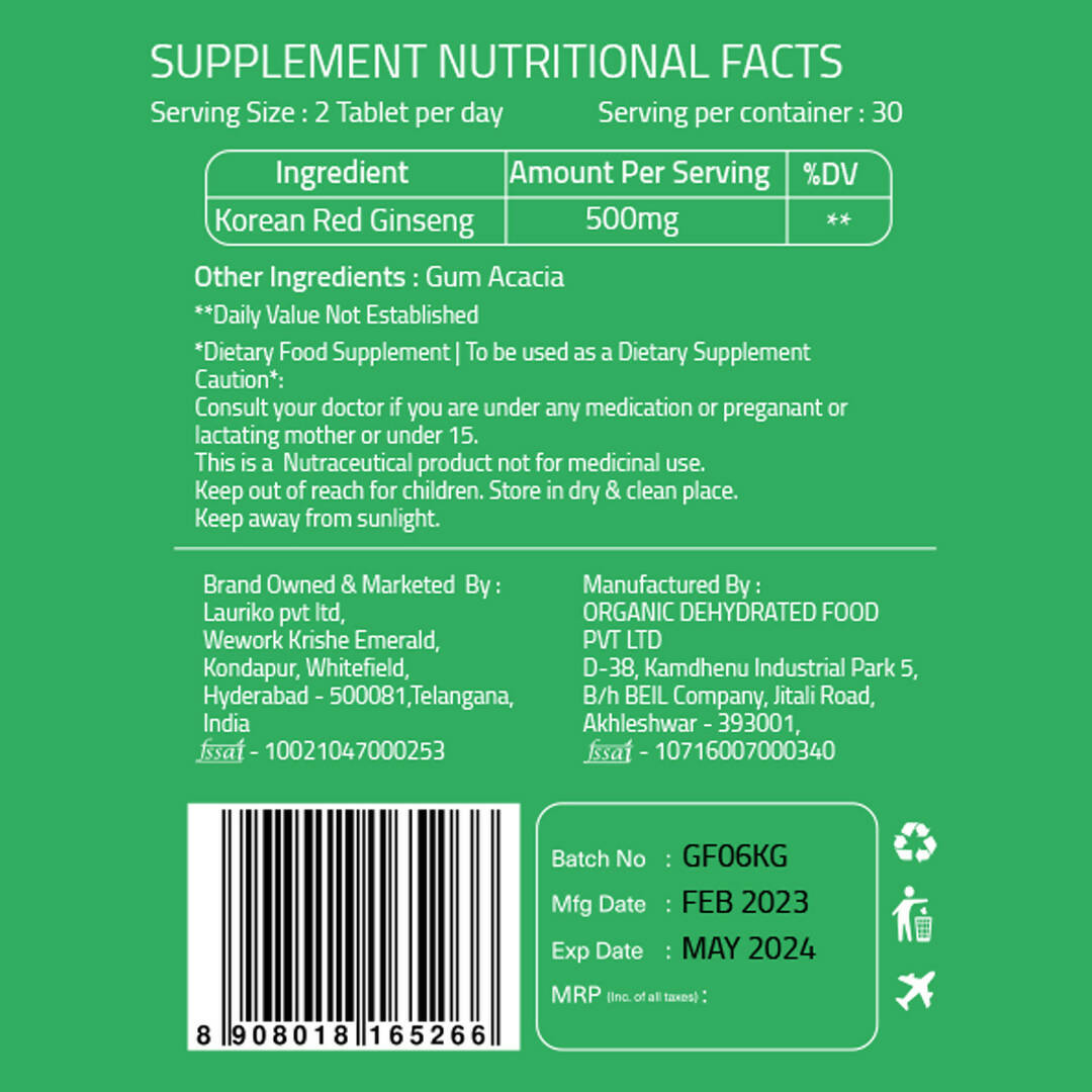 Laurik Koren Red Ginseng 1000Mg Tablets For Men | Natural Plant-Based Supplement For Energy & Stamina - Distacart