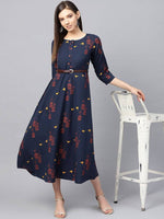 Thumbnail for Yufta Women Navy Blue & Orange Quirky Printed Maxi Dress