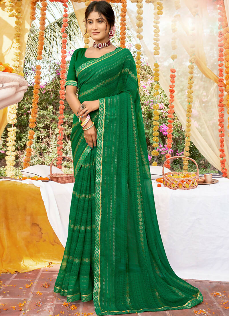 Green Georgette Foil Printed Saree with Unstitched Blouse Piece - Avika - Distacart