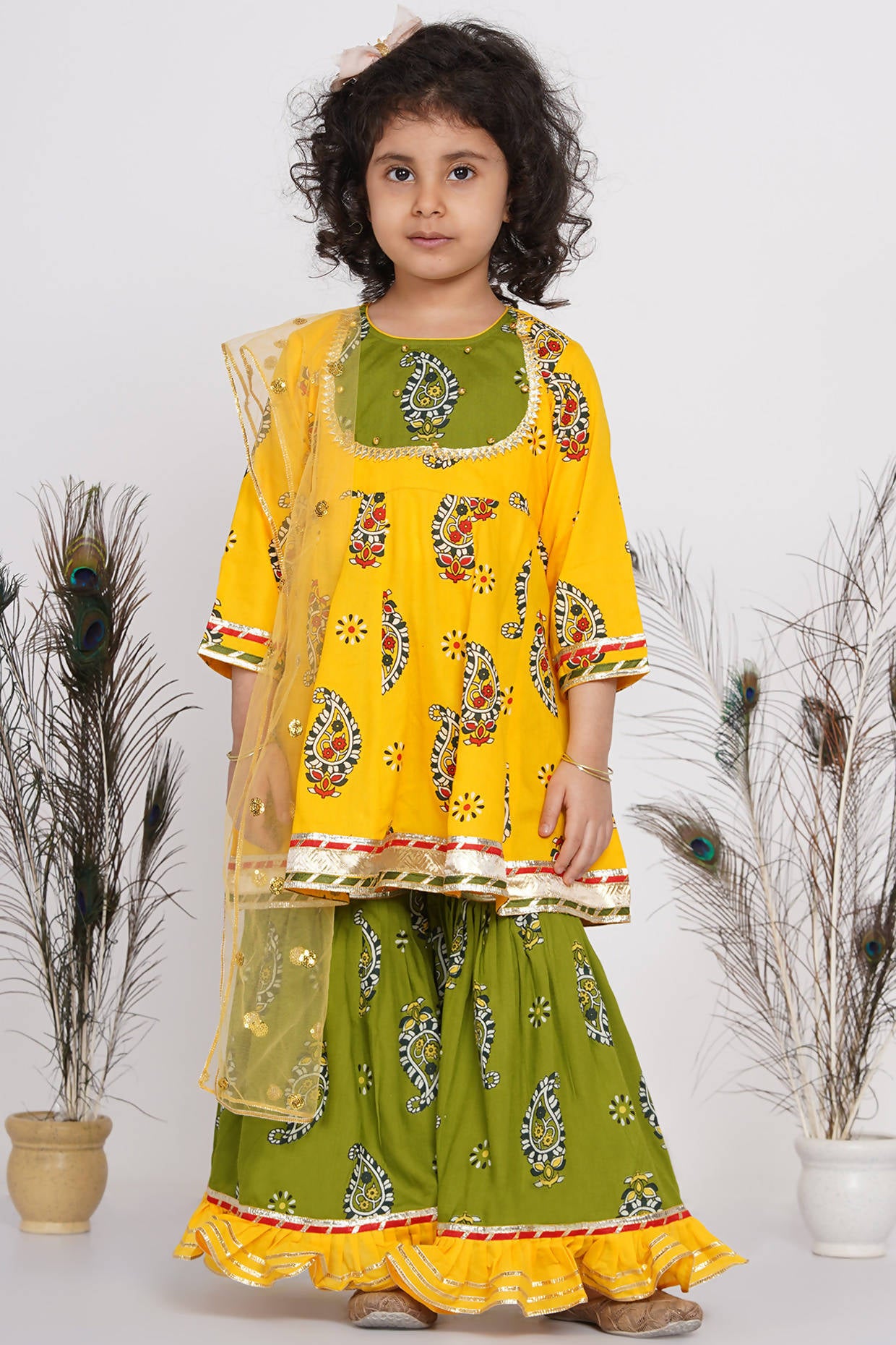 Little Bansi Cotton Floral Kurta with Frill Sharara & Dupatta - Yellow & Green - Distacart