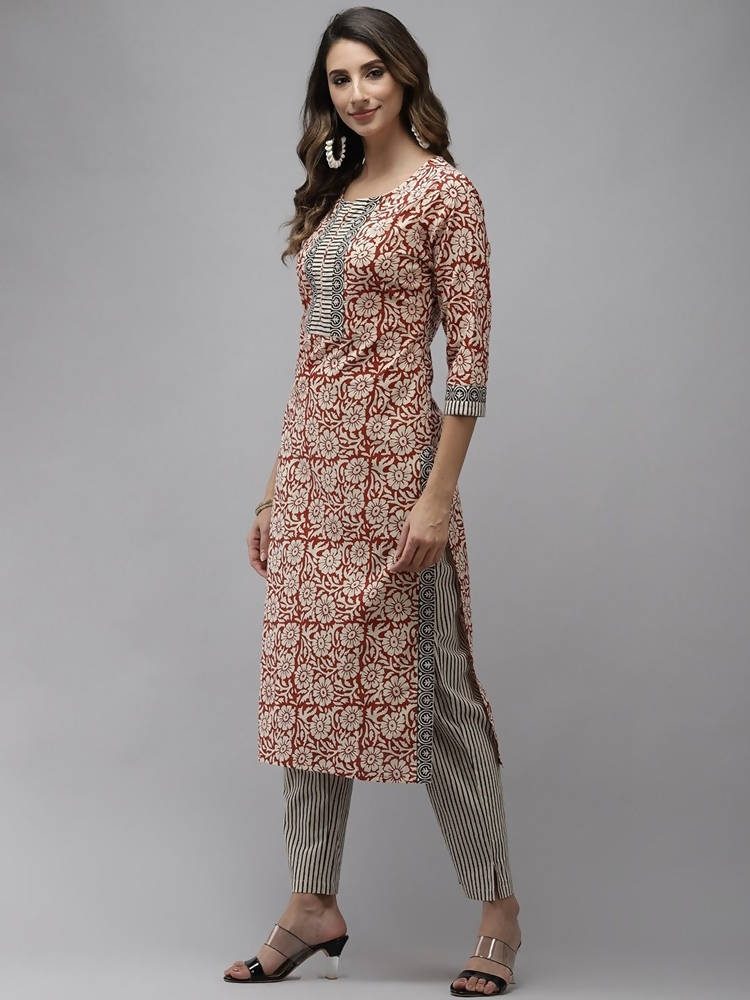 Yufta Women Beige And Rust Printed Kurta with Trouser & With Dupatta
