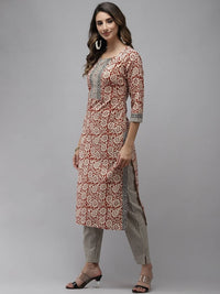 Thumbnail for Yufta Women Beige And Rust Printed Kurta with Trouser & With Dupatta