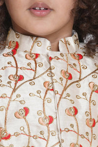 Thumbnail for Little Bansi Banarsi Red Tulip Embroidery Jacket With Cotton Kantha kurta And Kantha Dhoti - Cream - Distacart
