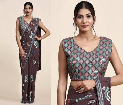 Brown Pure Georgette Sequence work Ready to wear Saree with stitched Blouse - Nirvana - Distacart