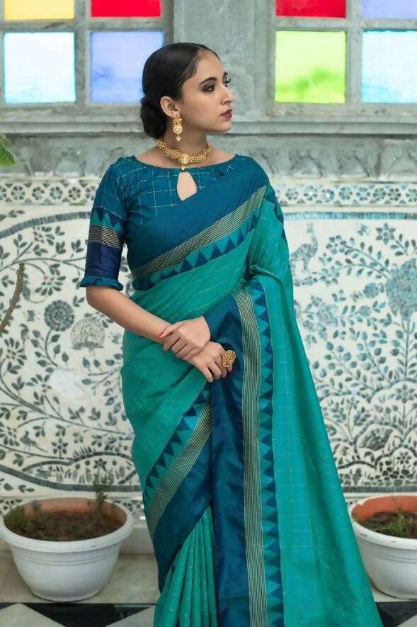 Vishnu Weaves Women's Teal Raw Silk Checks Zari Woven Saree with Unstitched Blouse - Distacart