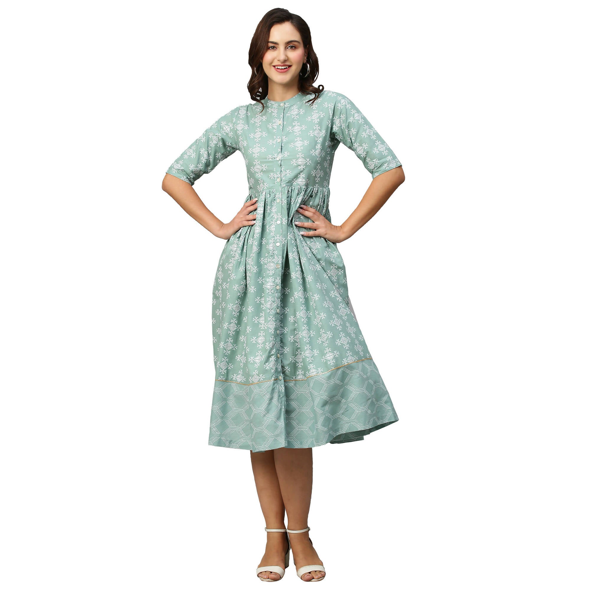 Green & Off-White Ethnic Motifs Printed Cotton A-Line Dress - Poonam - Distacart