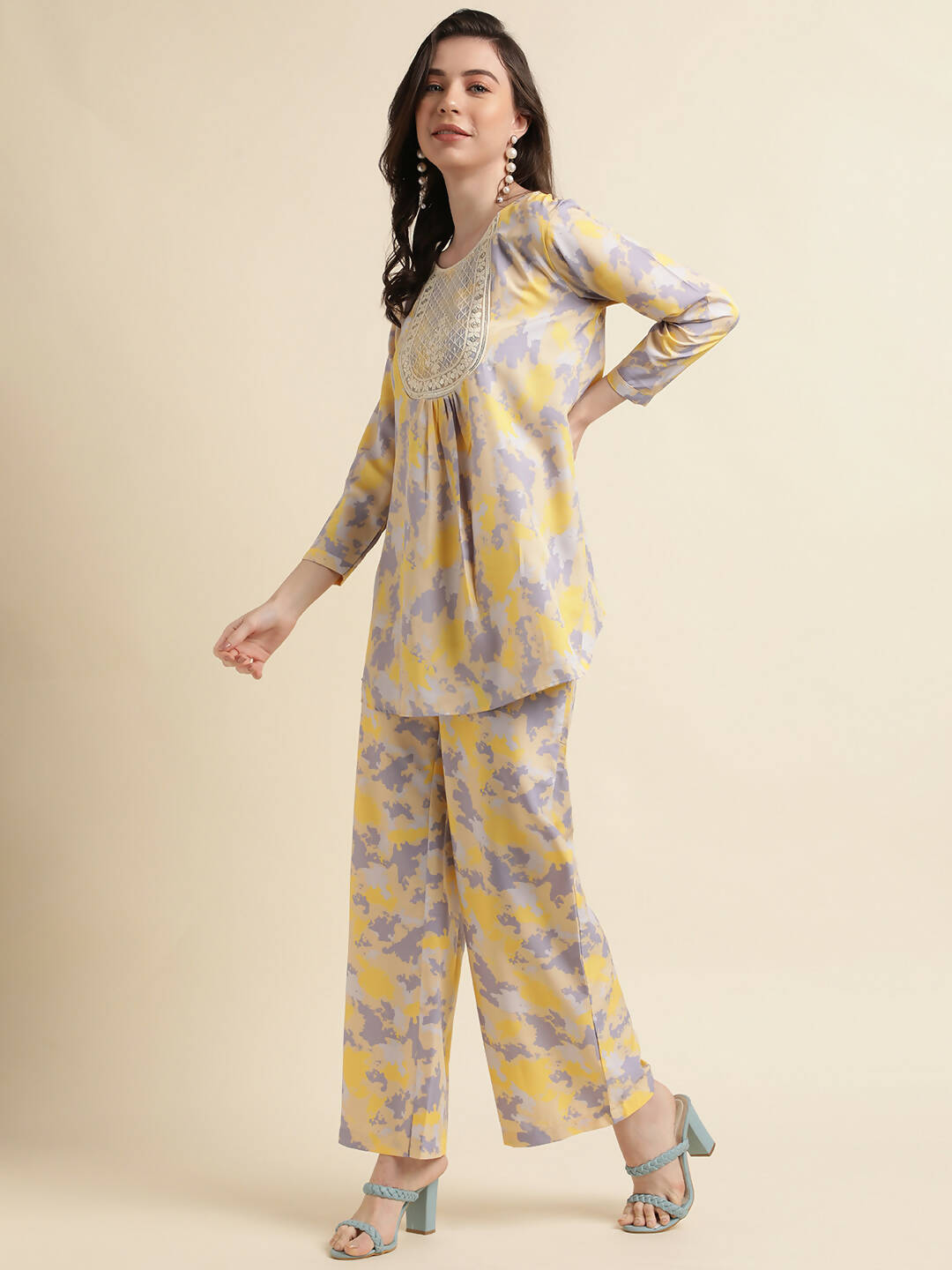 Yellow & Grey Poly Crepe Digital Printed Top with Matching Bottom - Preeti - Distacart