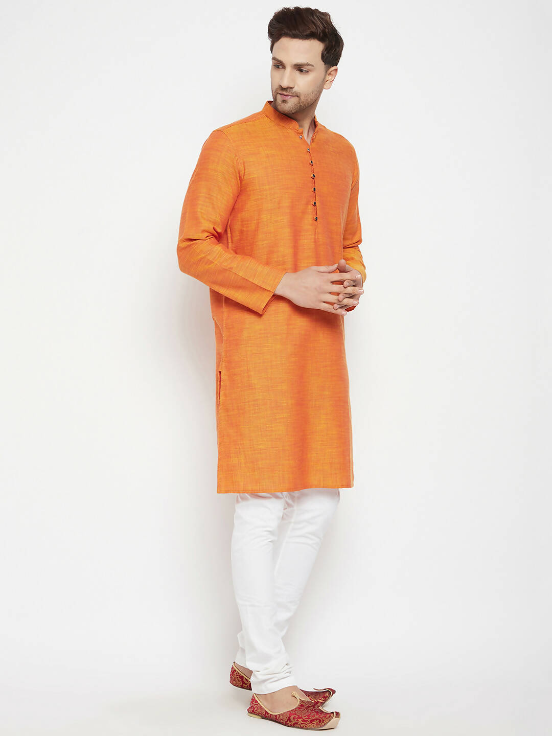 Even Apparels Orange Pure Cotton Long Men's Kurta With Band Collar - Distacart