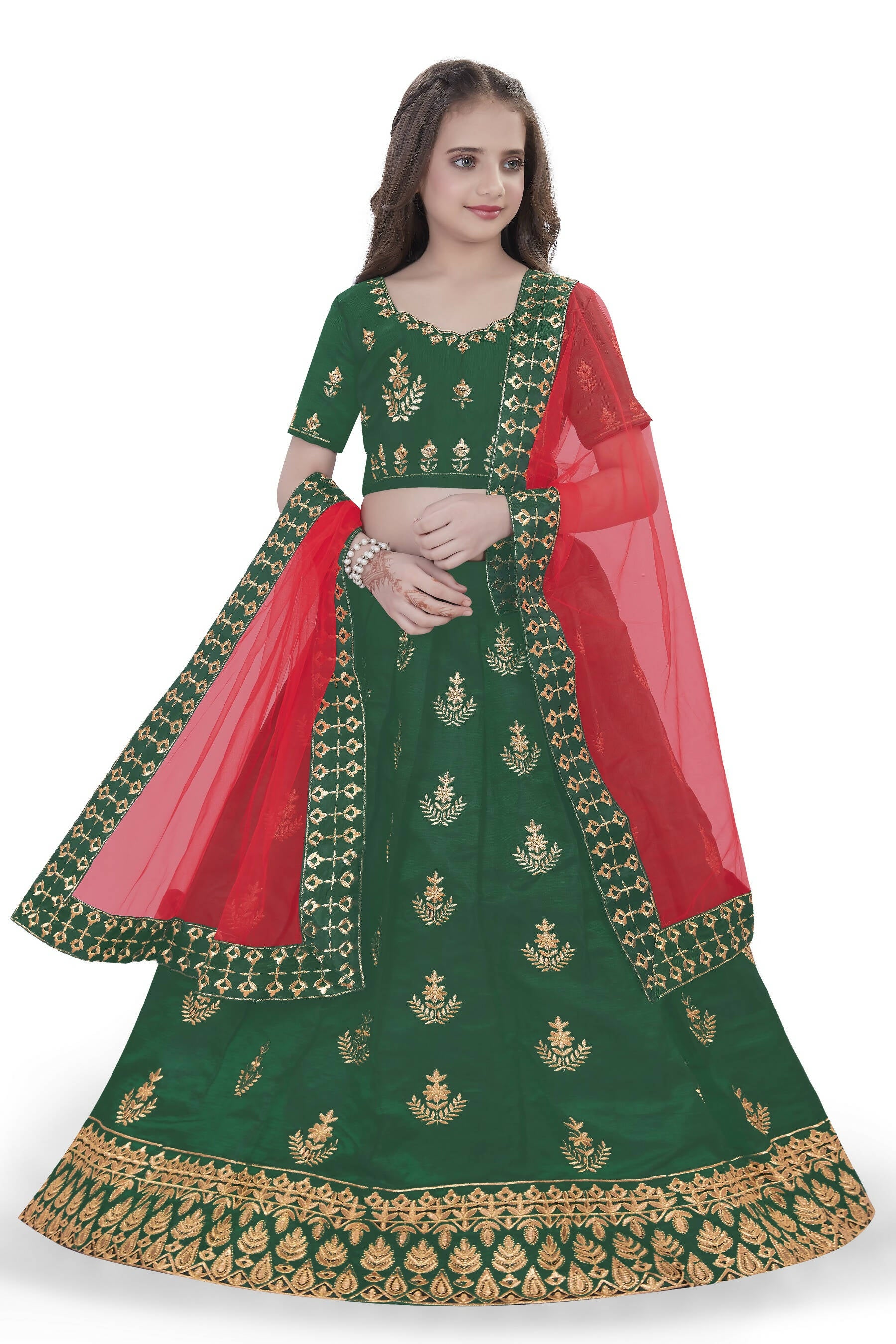 Dwiden Green Kamal Tafetta Sattin Semi-Stitched Girl's Lehenga Choli - Distacart