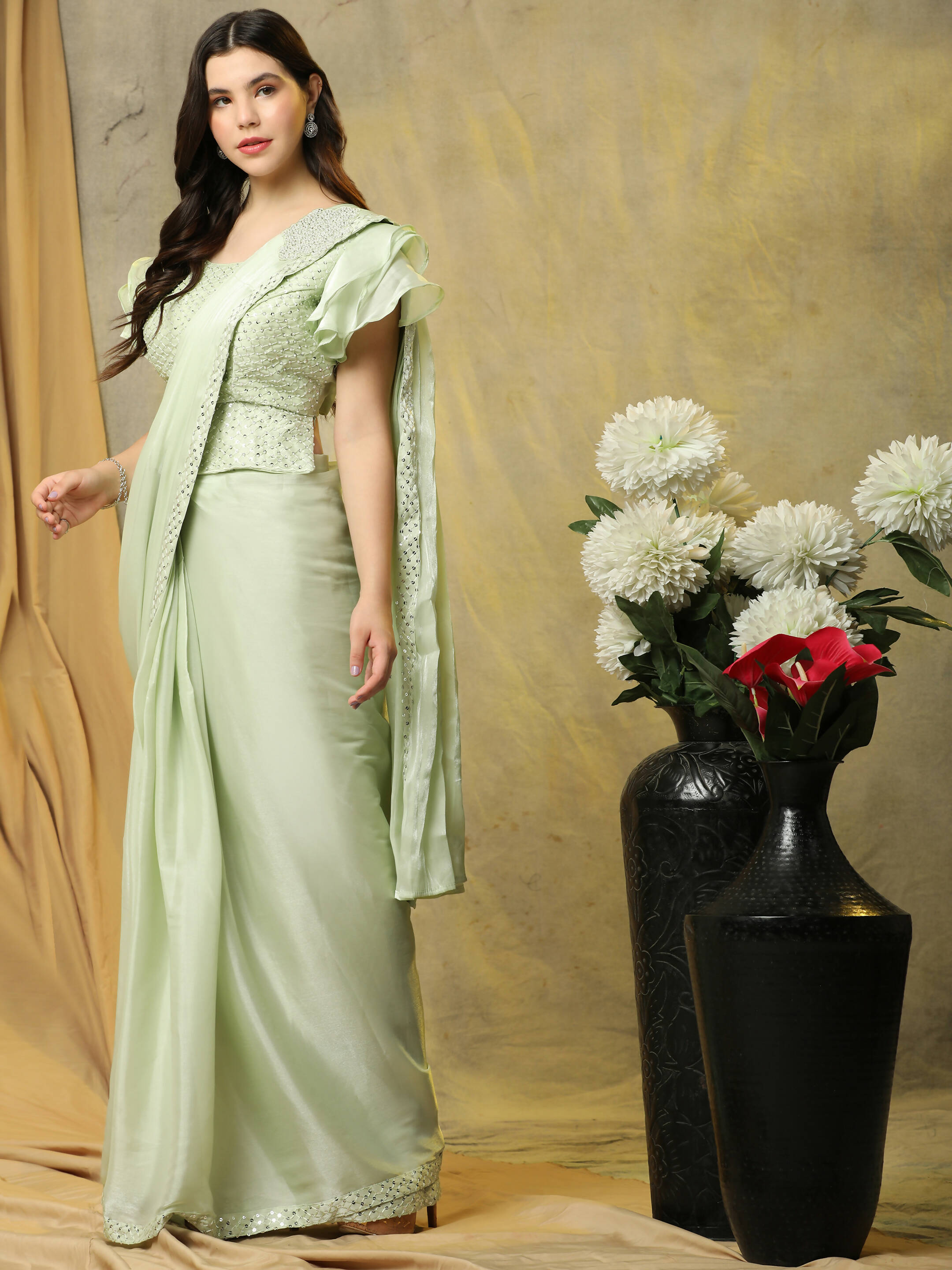 Light Green Silk Satin Sequence Work Ready to Wear Saree with stitched Blouse - Nirvana - Distacart