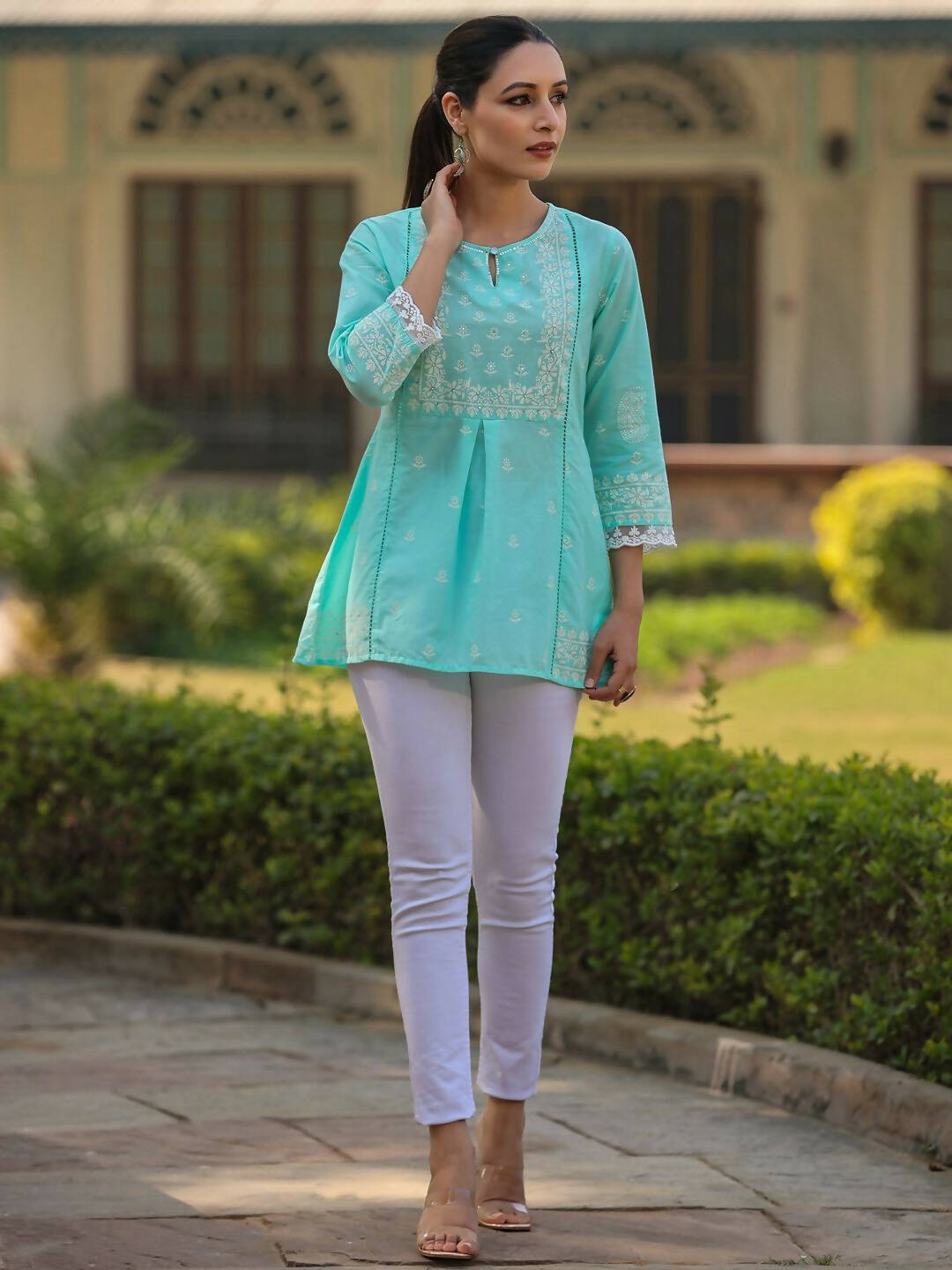 Juniper Women's Aqua Cambric Floral Printed Tunic - Distacart