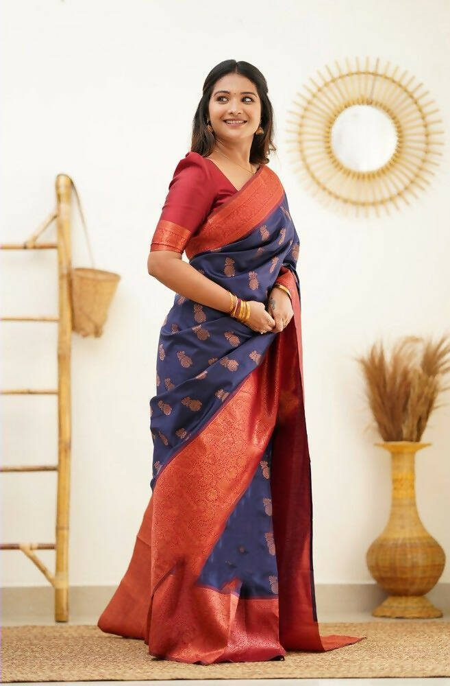 DEIANA'S Beautiful Golden Jari with New Design Soft Lichi Silk Saree - Blue - Distacart