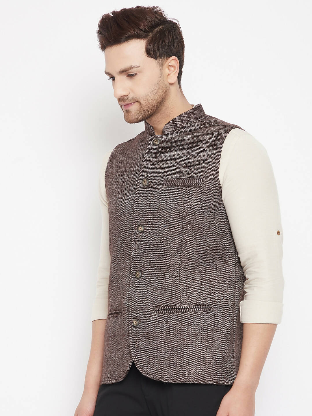 Even Apparels Brown Wool Men Woven Nehru Jacket - Distacart