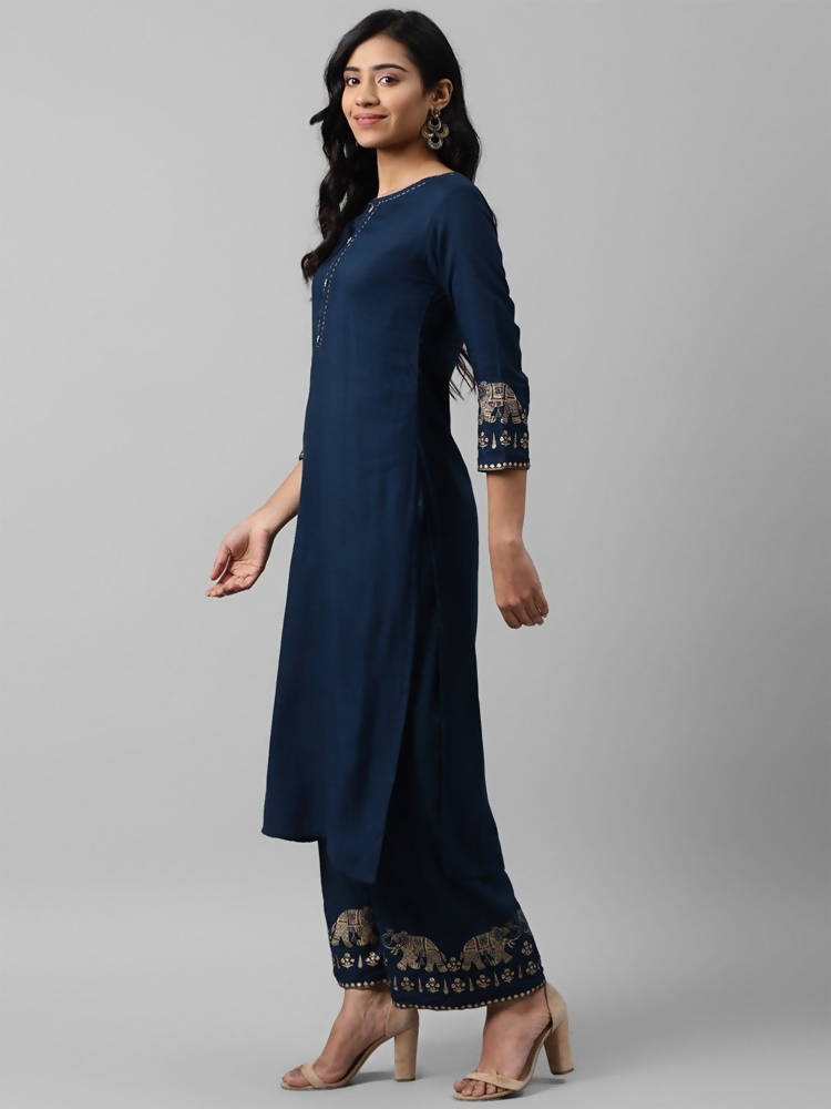 Yufta Women Navy Blue And Golden Pure Cotton Solid Kurta with Palazzo and Dupatta