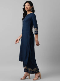 Thumbnail for Yufta Women Navy Blue And Golden Pure Cotton Solid Kurta with Palazzo and Dupatta