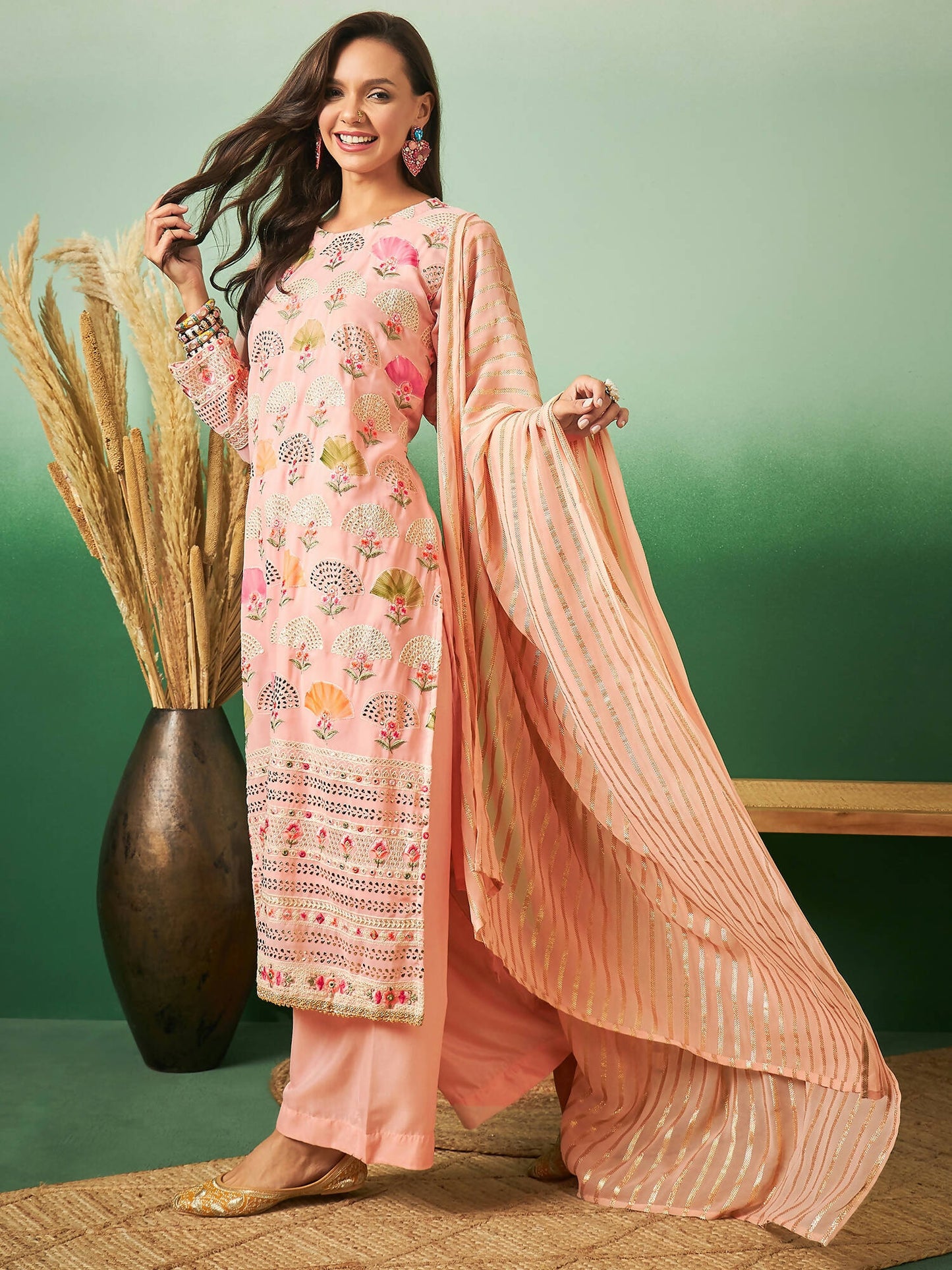 Peach Georgette Handwork Unstitched Dress Material - Hanika - Distacart