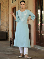 Thumbnail for Juniper Women's Blue Cotton Flex Embroidered Straight Kurta - Distacart
