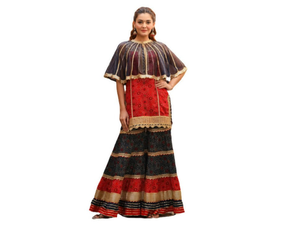 Shehnaai Red & Navy Color Kurta with Sharara