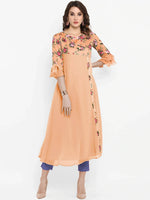 Thumbnail for Janasya Peach-Coloured & Green Floral Printed Bell Sleeves Kurta - Distacart