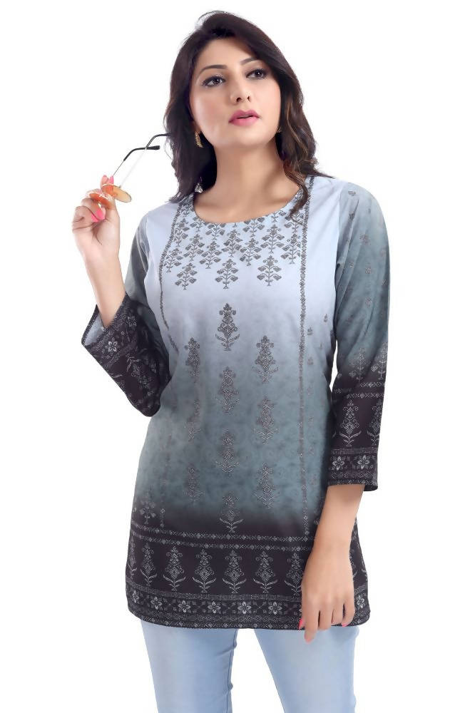 Snehal Creations Gray Color Faux Crepe Printed Short Kurti Tunic