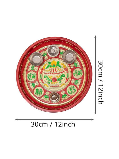 Tied Ribbons Red Printed Pooja Thali With Attached Incense Diya Tilak Holder - Distacart