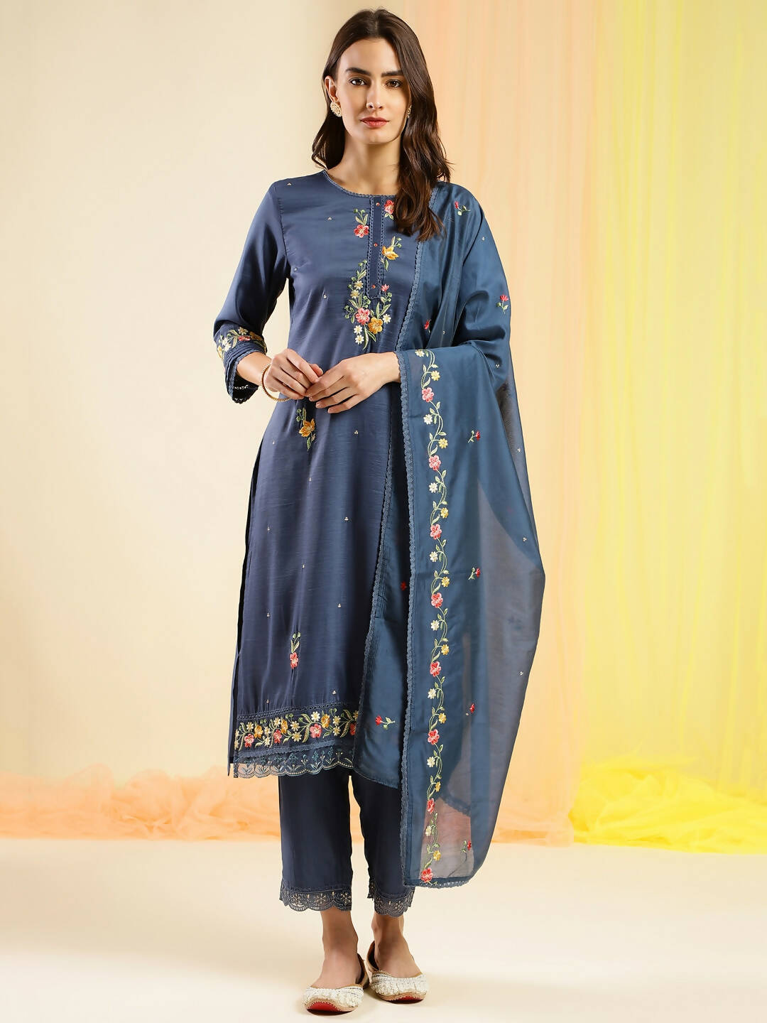 Blue Chinon Embroidered Straight Kurta with Trouser & Dupatta - Salimar - Distacart