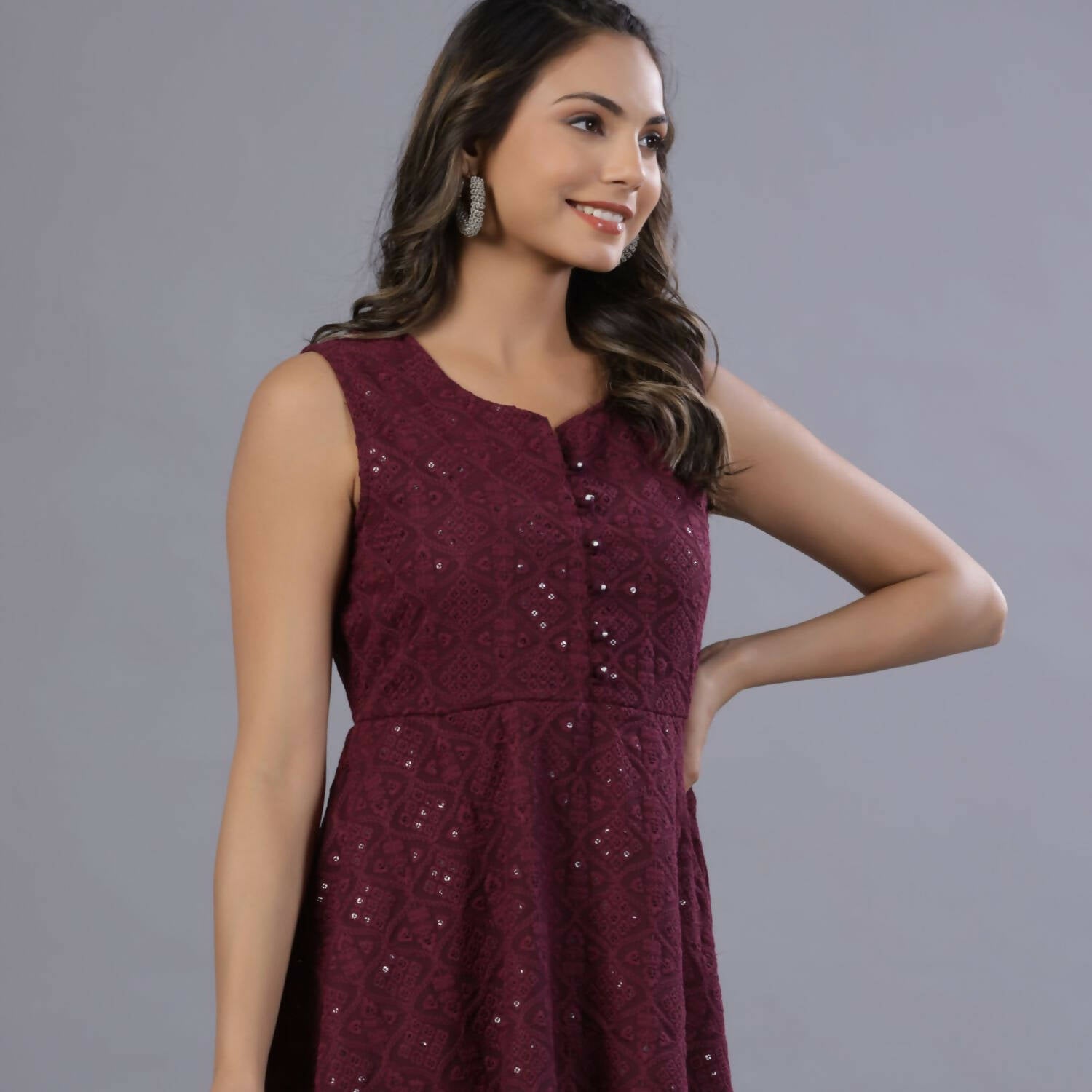 Juniper Women Wine Georgette Embroidered Peplum Tunic - Distacart