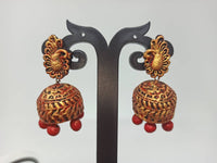 Thumbnail for Terracotta Peacock Stud Ethnic Jhumkas-Gold Red