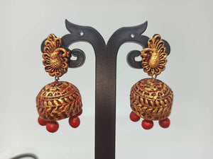 Terracotta Peacock Stud Ethnic Jhumkas-Gold Red