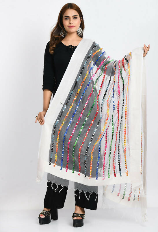 Mominos Fashion Moeza Women's Orgenza Multi Thread Mirror Work White Dupatta - Distacart