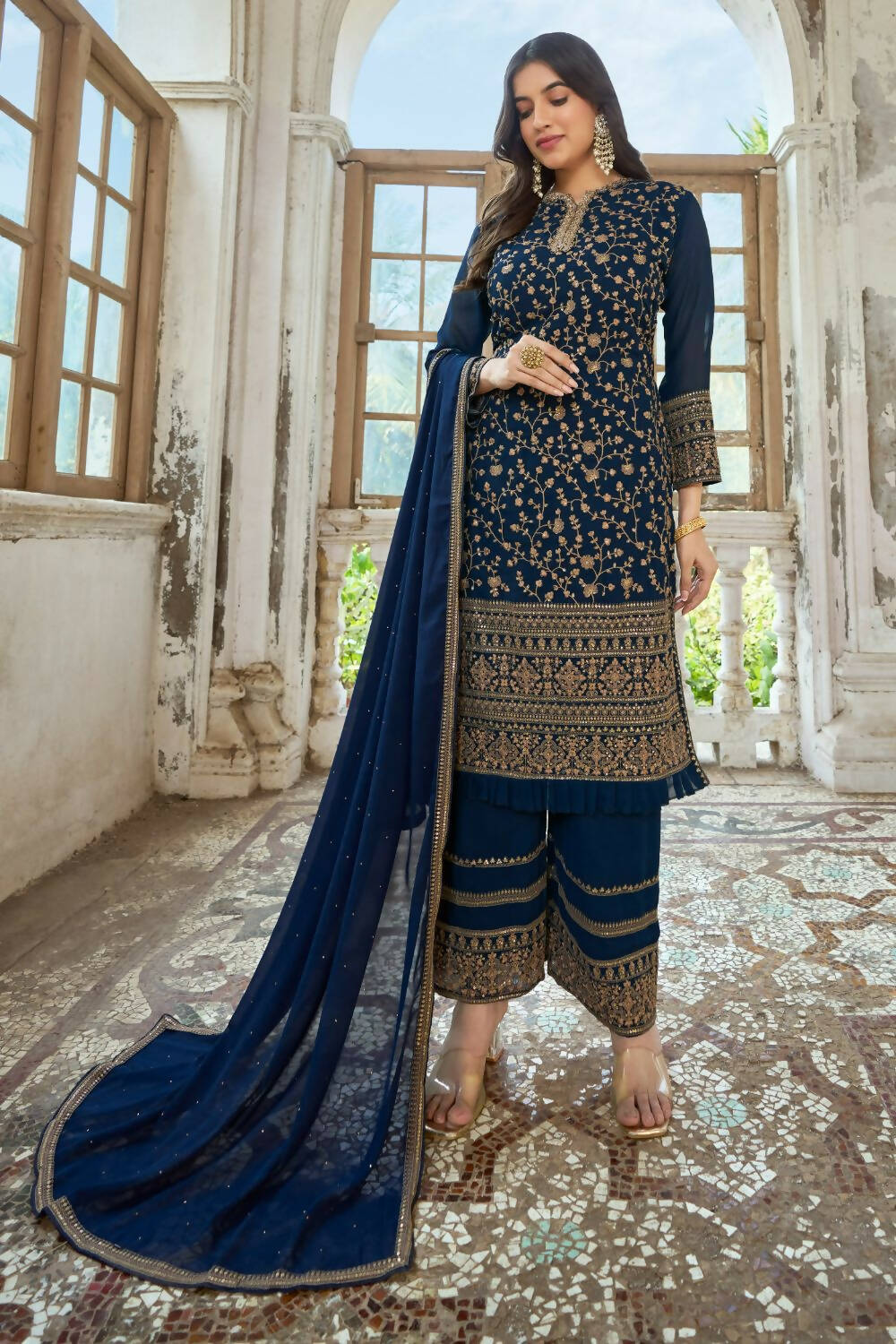 Navy Blue Heavy Fox Georgette Embroidered Semi Stitched Suit - Dhvani - Distacart