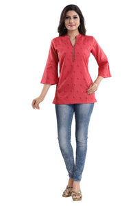 Thumbnail for Snehal Creations Tomato Cotton Blended Casual Short Tunic Top - Distacart