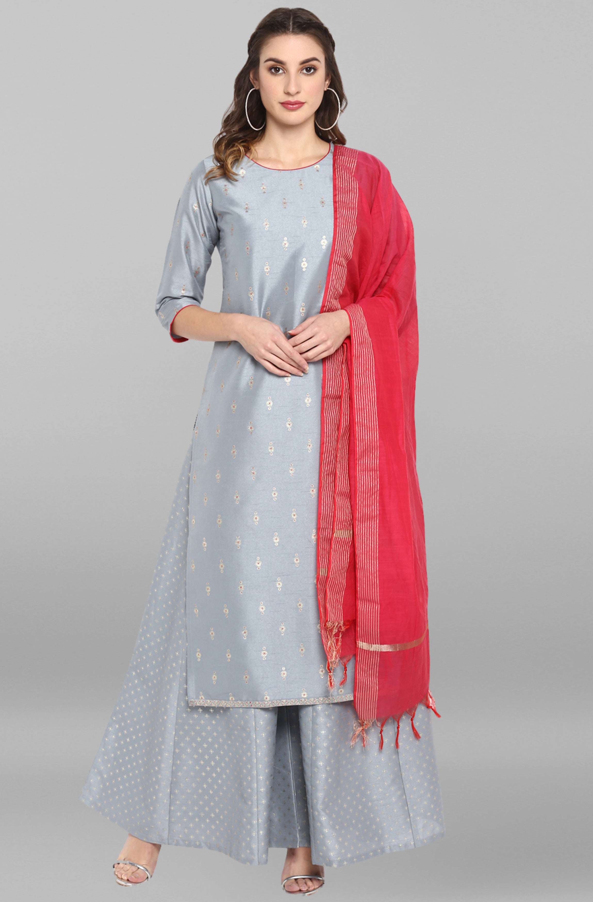 Janasya Women's Grey Poly Silk Foil Print Kurta With Palazzo And Dupatta - Distacart