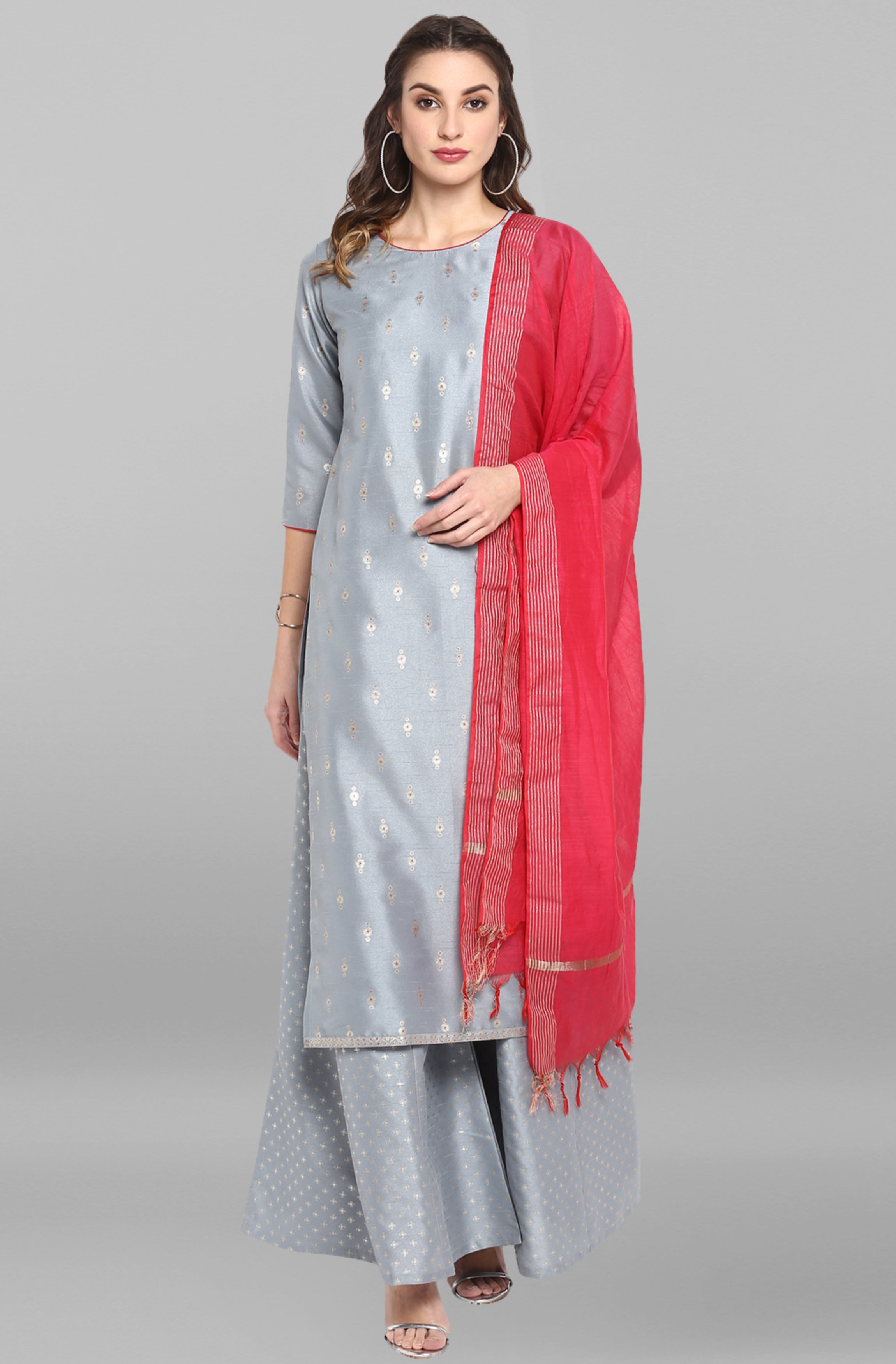 Janasya Women's Grey Poly Silk Foil Print Kurta With Palazzo And Dupatta - Distacart
