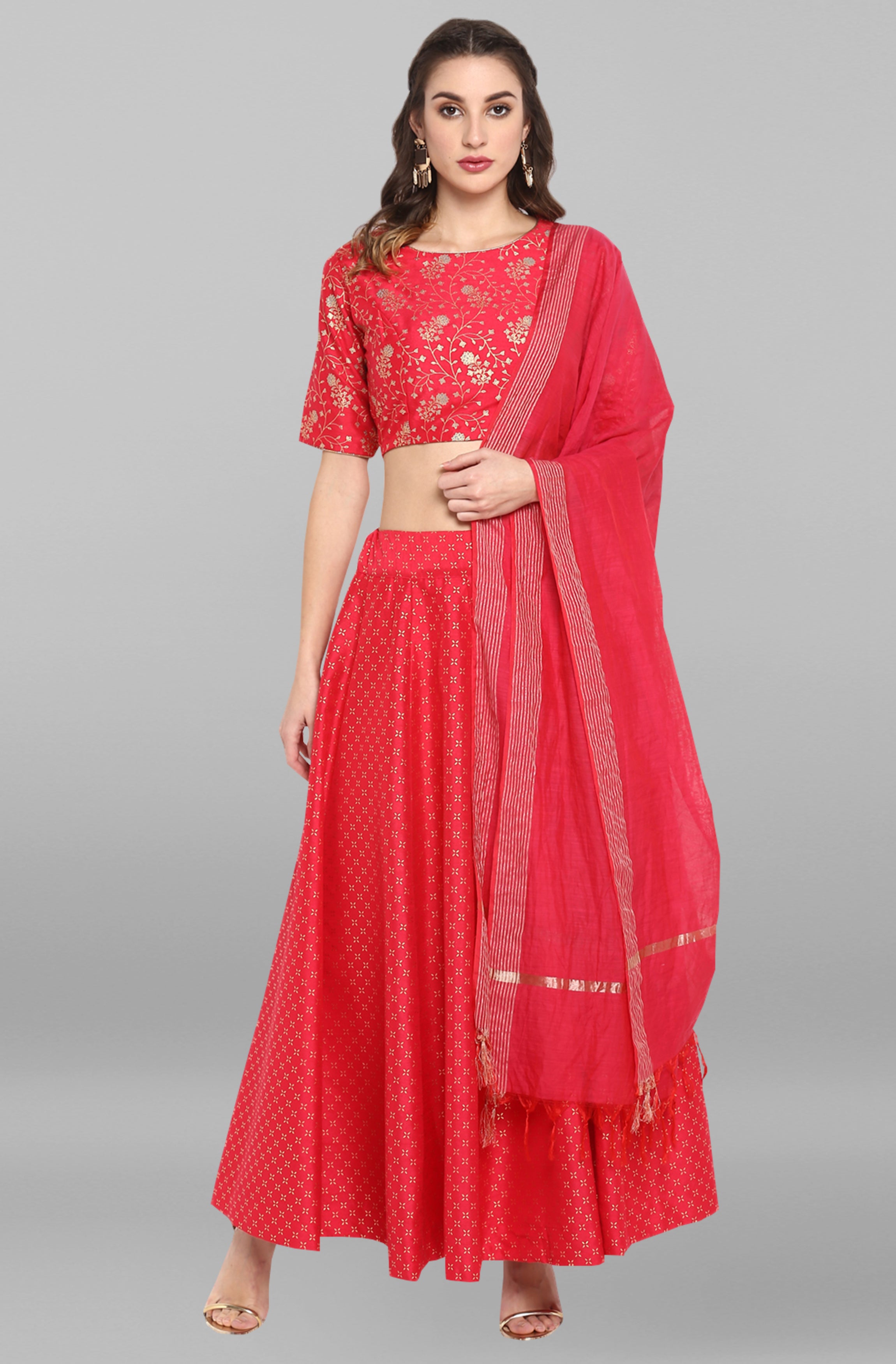 Janasya Women's Pink Poly Silk Gold Print Lehenga Choli With Dupatta - Distacart