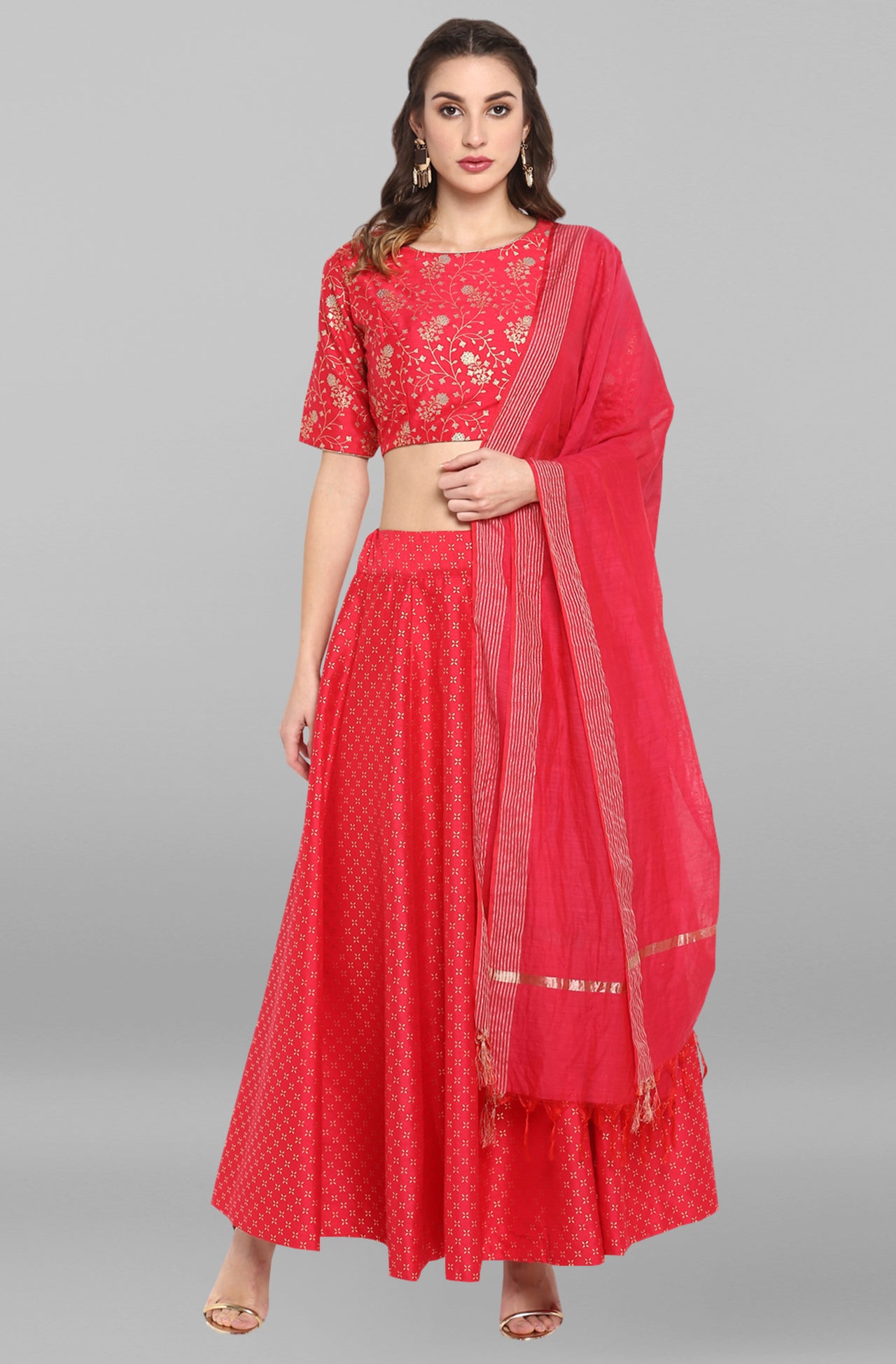 Janasya Women's Pink Poly Silk Gold Print Lehenga Choli With Dupatta - Distacart