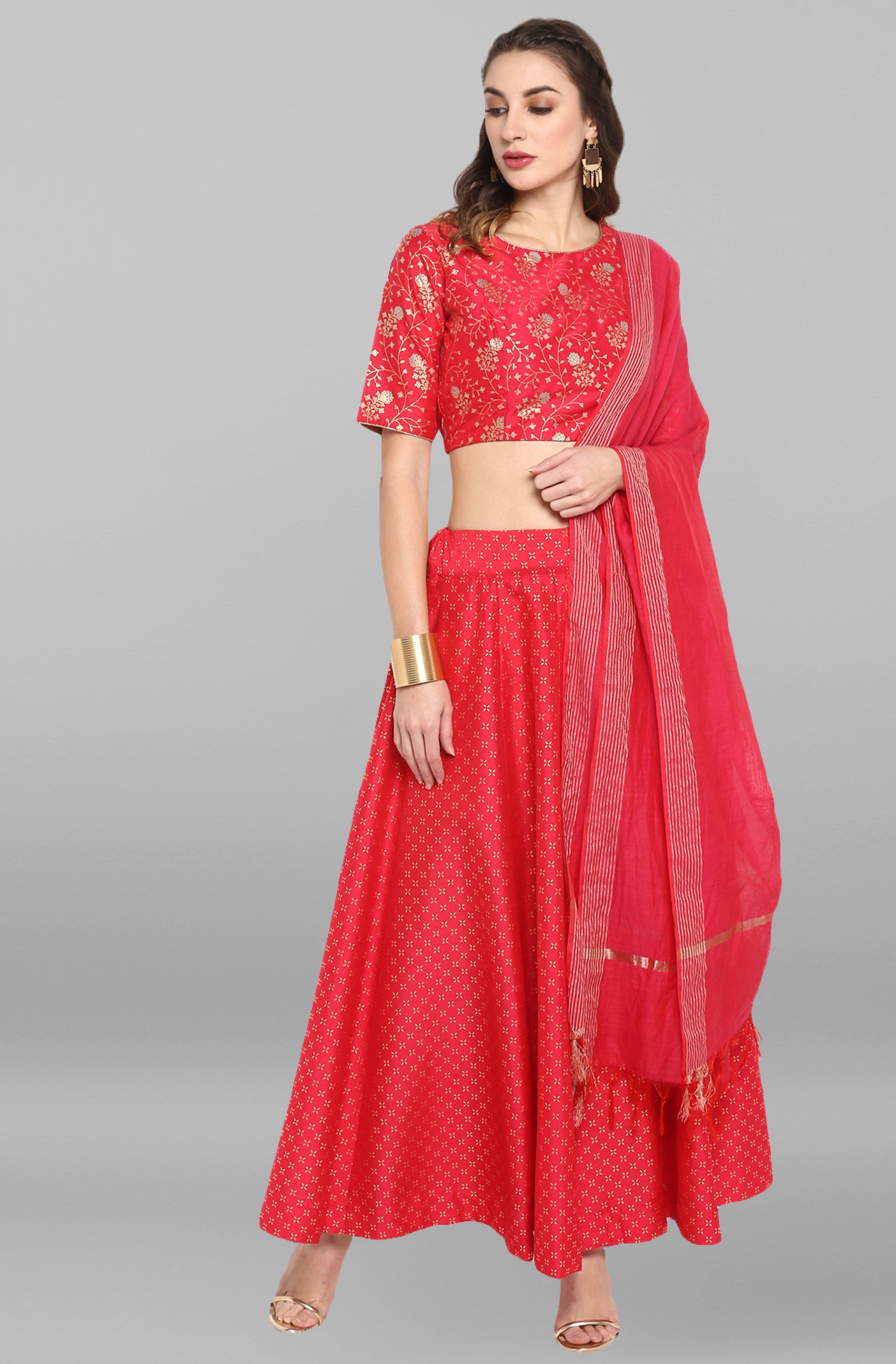 Janasya Women's Pink Poly Silk Gold Print Lehenga Choli With Dupatta - Distacart