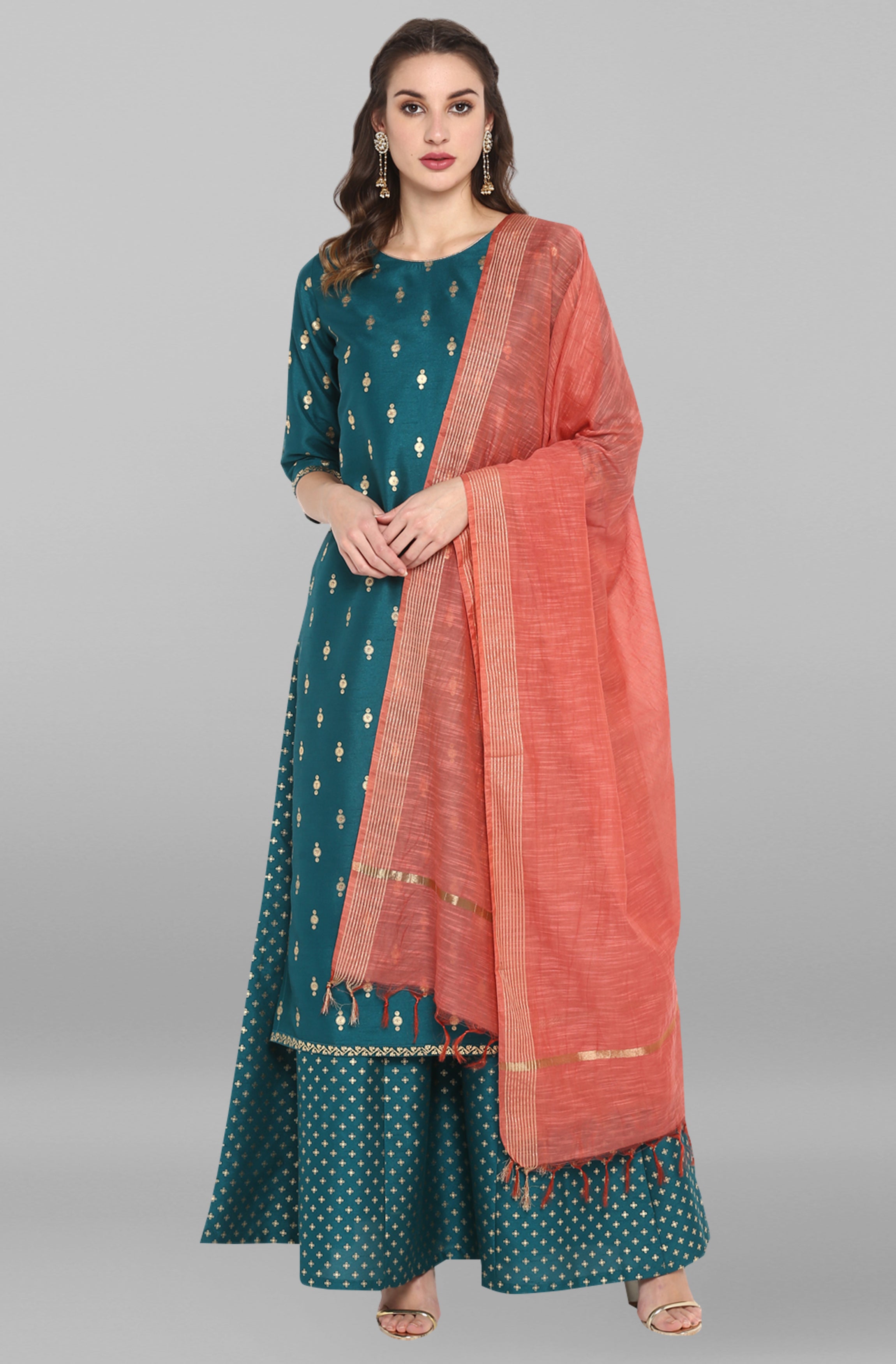 Janasya Women's Peacock Green Poly Silk Gold Print Kurta With Palazzo And Dupatta - Distacart