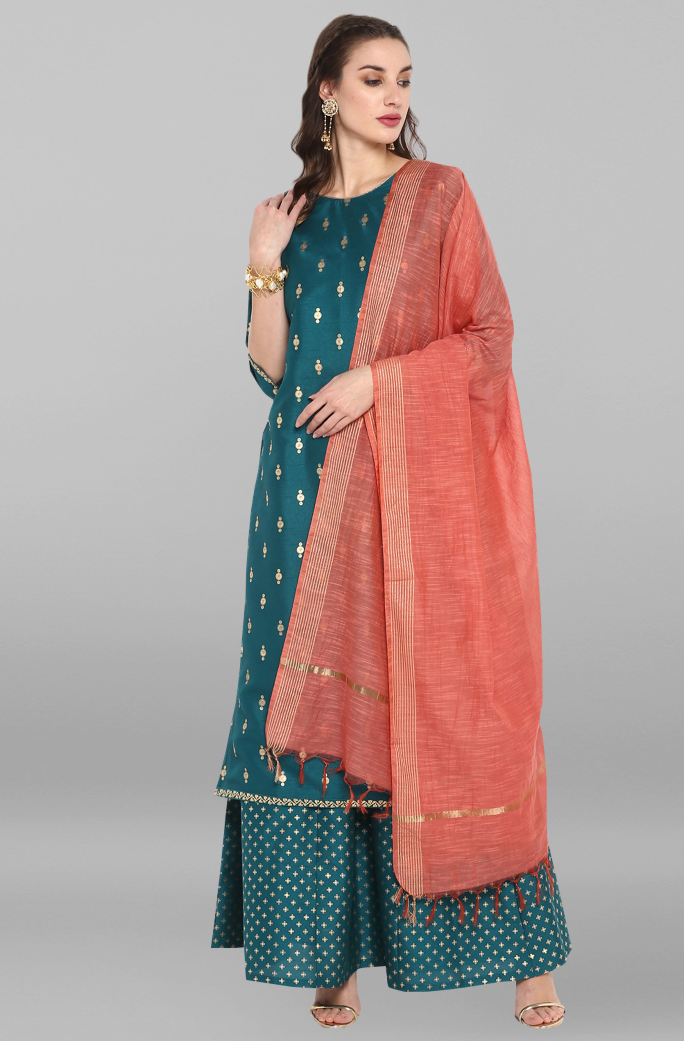 Janasya Women's Peacock Green Poly Silk Gold Print Kurta With Palazzo And Dupatta - Distacart