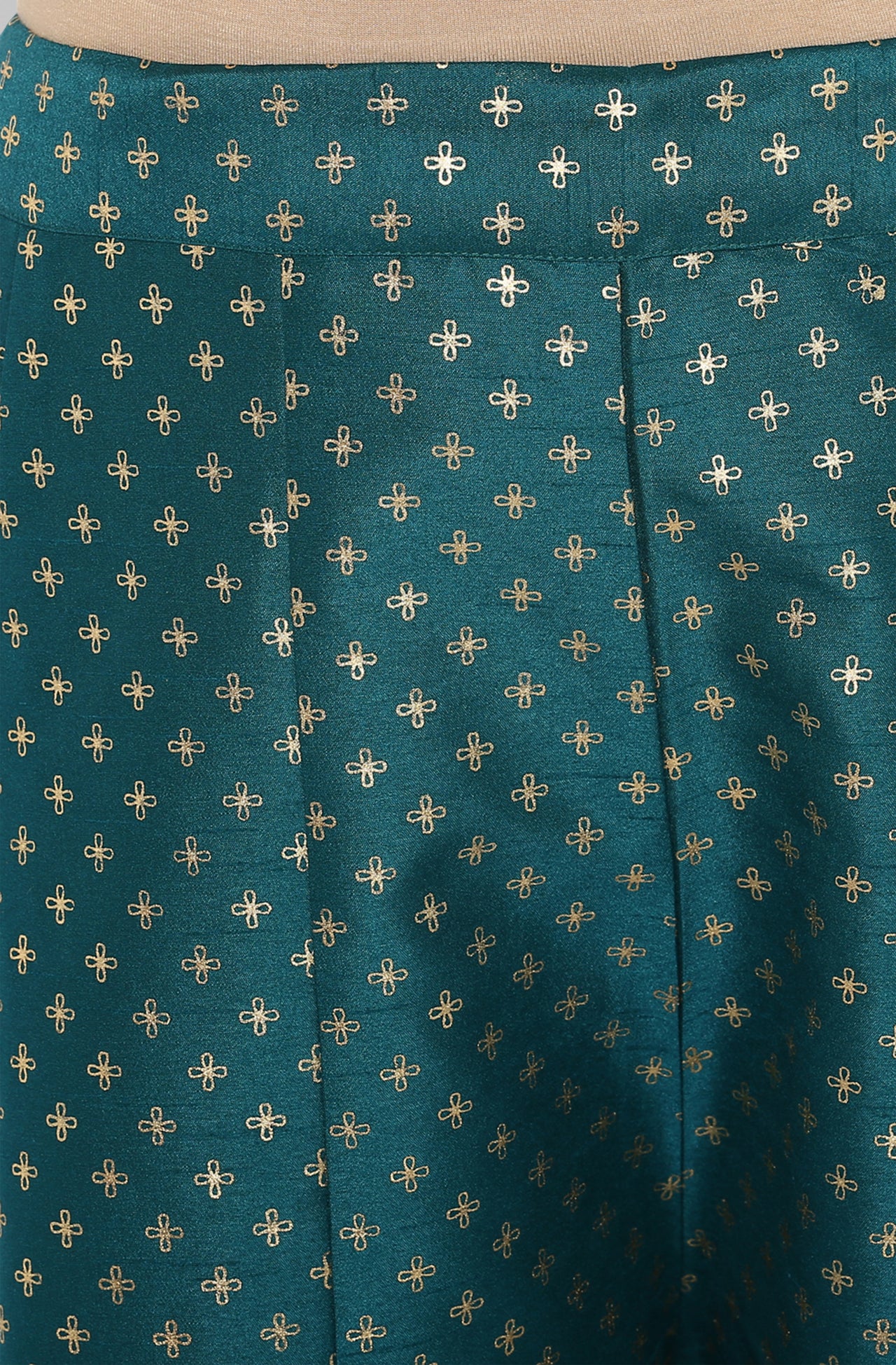 Janasya Women's Peacock Green Poly Silk Gold Print Kurta With Palazzo And Dupatta - Distacart