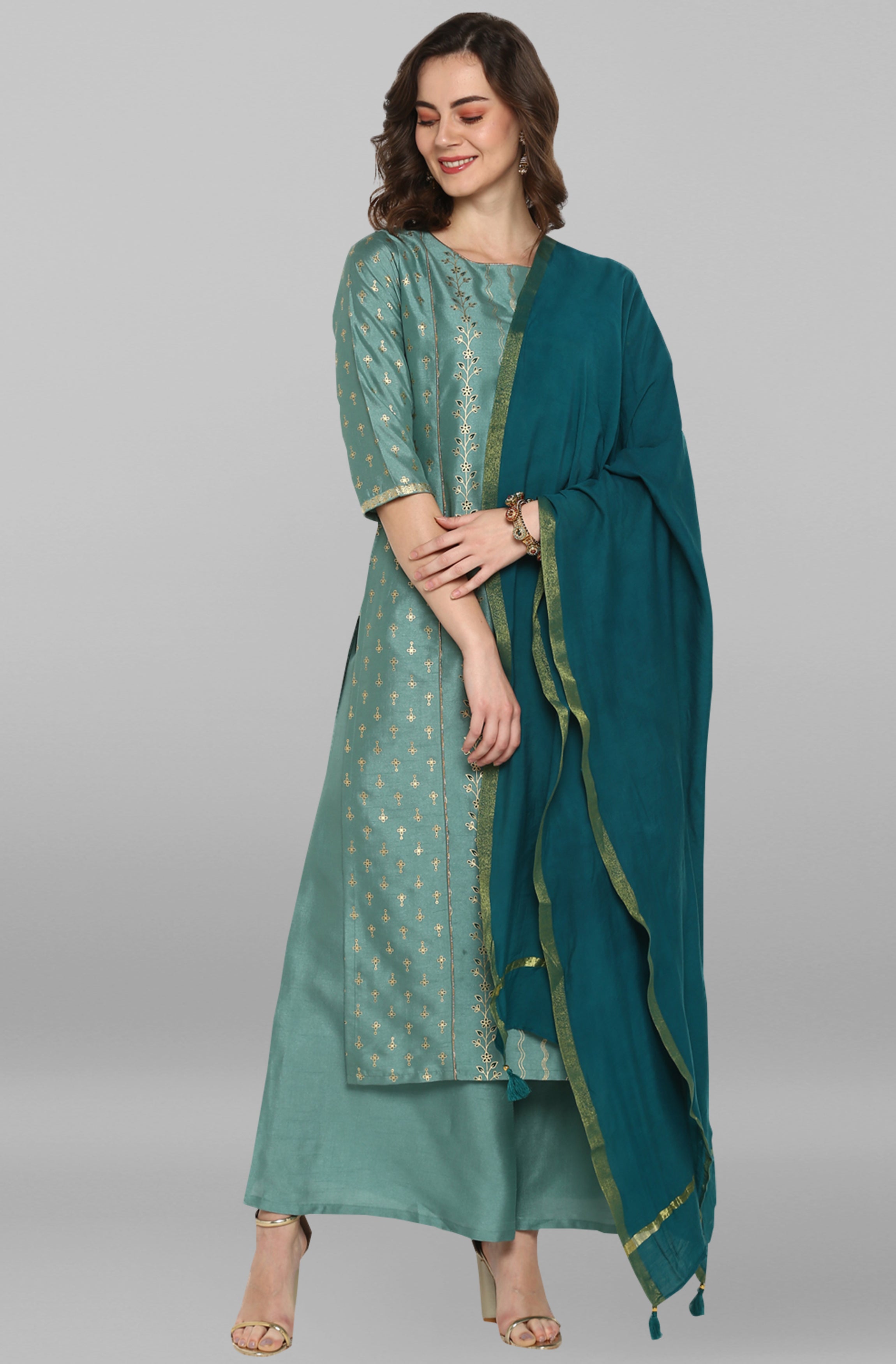 Janasya Women's Light Green Poly Silk Floral Print Kurta With Palazzo And Dupatta - Distacart