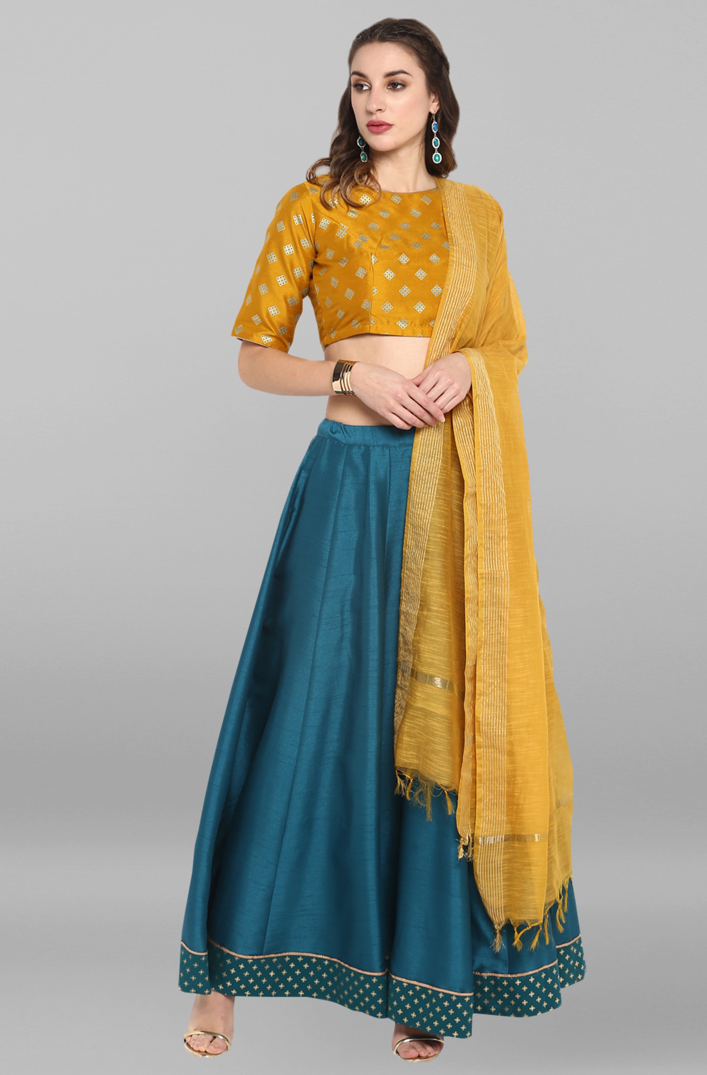 Janasya Women's Mustard Poly Silk Gold Print Lehenga Choli With Dupatta - Distacart