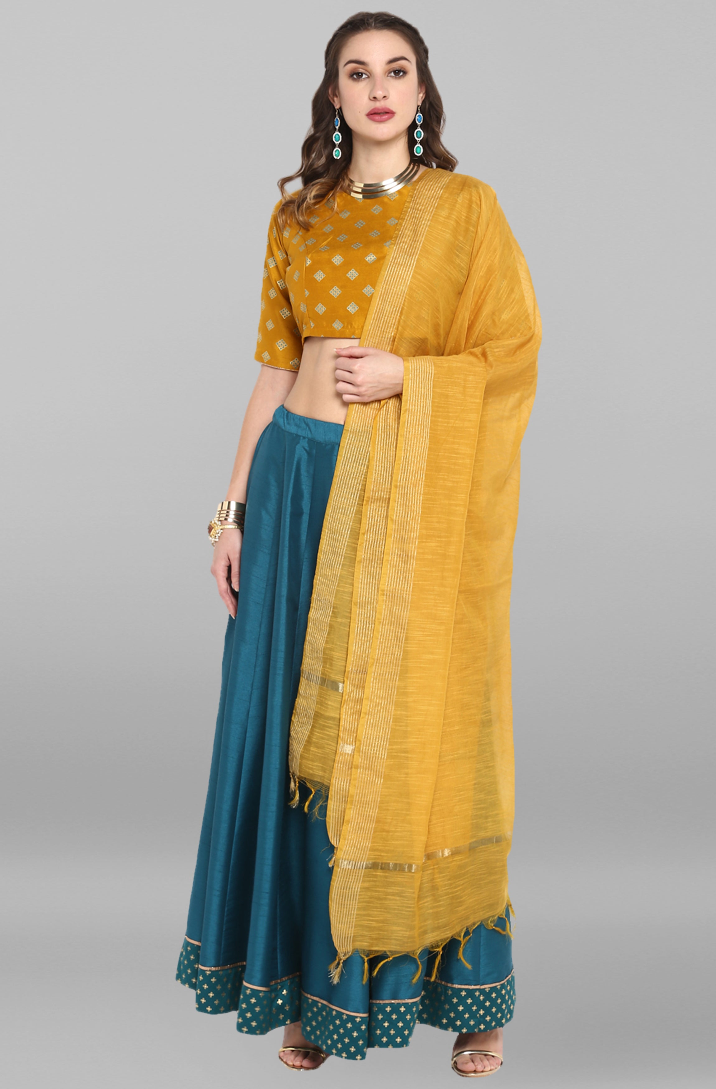 Janasya Women's Mustard Poly Silk Gold Print Lehenga Choli With Dupatta - Distacart