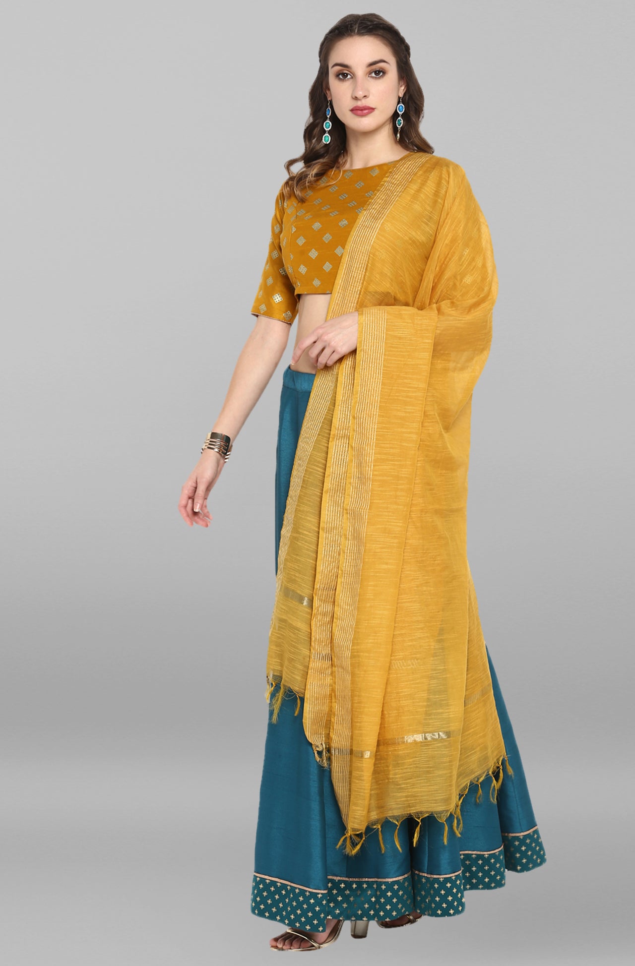 Janasya Women's Mustard Poly Silk Gold Print Lehenga Choli With Dupatta - Distacart